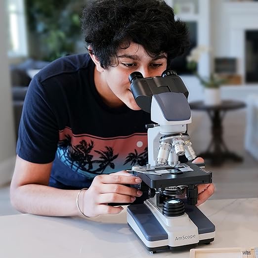 AmScope 40X-2500X LED Lab Binocular Compound Microscope with Double Layer Mechanical Stage + Book + 100 Coverslips & 50 Blank Slides