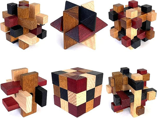 Wooden Brain Teaser Puzzles 6 Pack - 3D Brain Teasers for Adults & Kids - Educational and Fun Gift Ideas - Mind Puzzles by LMC Products