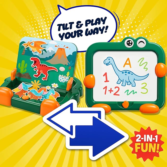 2 in 1 Dinosaur Magnetic Puzzle Board and Drawing Board for Toddlers, Montessori Quiet Travel Toy with 39 Puzzles & 2 Markers - Educational Writing Game for Preschoolers Kids Ages 3-8