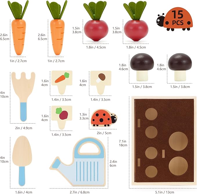 Wooden Play Food Set for Kids Kitchen Accessories, Montessori Gardening Playset for Kids Pretend Play Food, Plant & Harvest Toy Kit, Educational Toy Gift for 3 4 5 6 7 Years Old Boys Girls