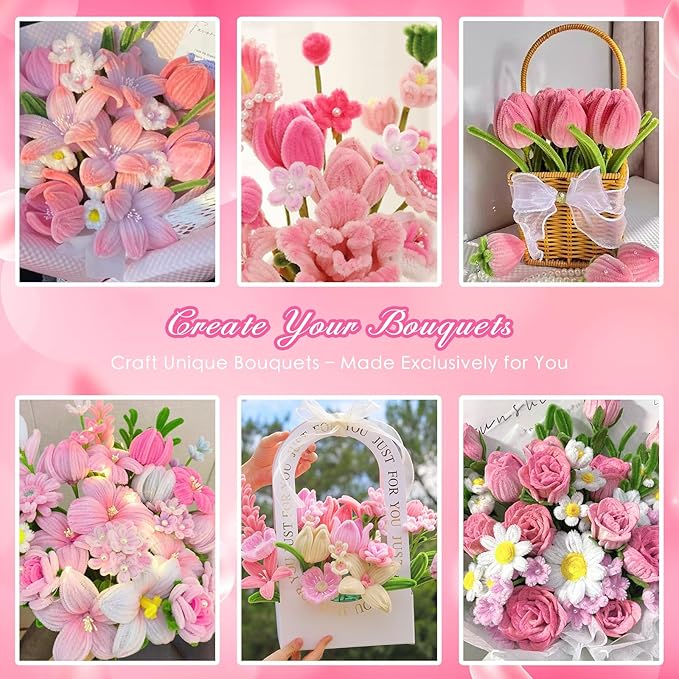 500 Pcs Pink Pipe Cleaners Craft for Flowers, Pastel Chenille Stems for DIY Art Projects Creative Gift(5 Colors), Pipe Cleaner Flower Kit with Floral Stems, Gardening Tape,Stamen& Pearls (Pink Flower)