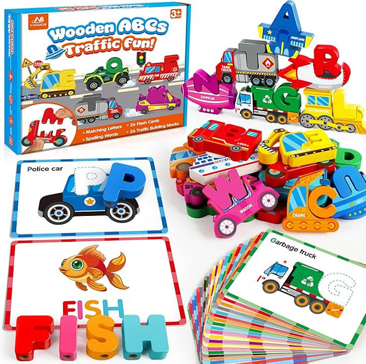 Vanmor Wooden Vehicle Alphabet Puzzle for Toddlers, Traffic ABC Letter Sight Words Matching Game with 52 Blocks and Flash Cards, Montessori Spelling Game Learning Toys, Easter Basket Stuffers for Kids