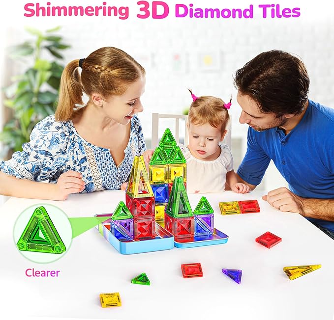 Sparkling Diamond Mini Magnetic Tiles, 40PCS Travel Magnetic Tiles with Metal Case, Portable On-The-Go Magnet Tiles, STEM Educational Construction Set Travel Toys for Kids, Boys and Girls Ages 3+