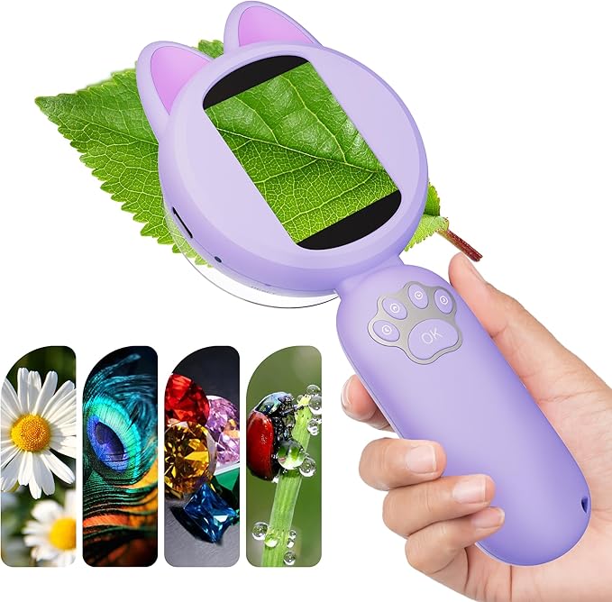 Microscope for Kids, 2Inch IPS Screen Digital Microscope, Kids Miniscope with 8Led Lights, Portable Mini Scope for Kids Educational Science Toys, Birthday for Age 3-12 Years (Purple)
