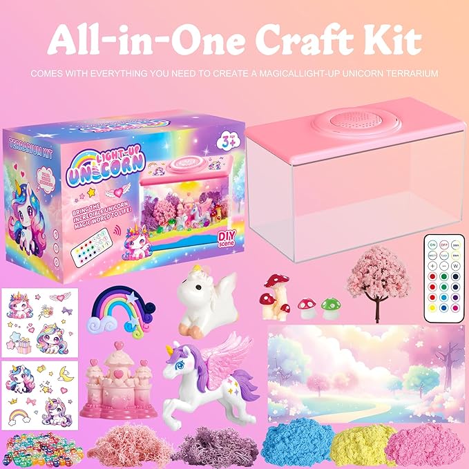 Unicorn Light-Up Terrarium Kit for Kids - Night Light with Remote & Music, Arts and Crafts for Kids Ages 8-12, DIY Girls Toys Age 6-8, Perfect Birthday Hoilday Christmas Gifts for 4-12 Year Old Girls