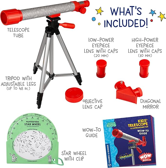 Wow in The World Kids’ Telescope & Astronomy Kit, 25x & 50x Magnification, Adjustable 48” Tripod, Includes Star Wheel & Companion Audio Content, Intro to Astronomy Gift for Ages 6+ by Thames & Kosmos