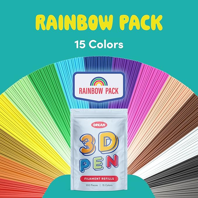 300 x ORKAN 3D Pen Filament Refills | Only Compatible with The 3Doodler Start+ | 15 Rainbow Colors | 6" x 2.5mm PCL Eco-Filament Strands | Safe for Kids | Only for 3Doodler Start+ 3D Pen