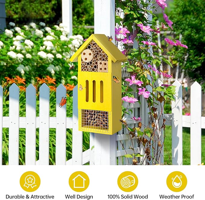 Bee House Bug Hotel & Butterfly House, Handcrafted Wooden Ladybug House, Natural Insect Habitat for Garden, Patio, or Yard, Durable Pine Wood, Attracts Pollinators, 10.4 x 5.5 x 3.2 Inches