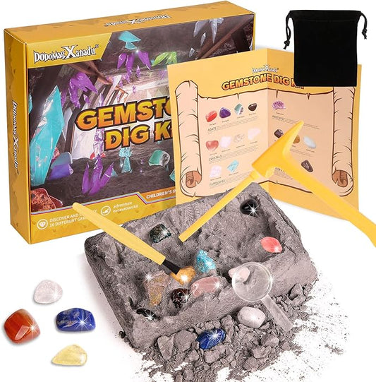 Gemstone Dig Kit, 16 Real Gem Stones and Crystals Excavation Kit, STEM Educational Toys Science Kit for Kids 5-7 8-12,Christmas Stocking Stuffers Gifts for Boys Girls