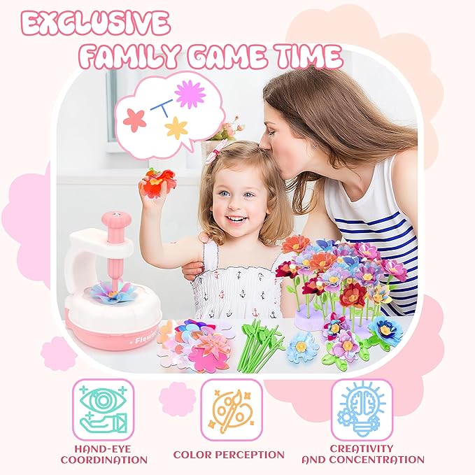 PERRYHOME Fabric Flower Bouquets Toys, 300+ Pcs DIY Flower Making Kit, 2 Gameplays Educational Arts & Crafts for Kids, Reusable Bouquets Maker Birthday Gift for 3 4 5 6 7 8 Years Toddler Girl