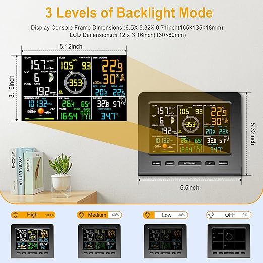 Urageuxy Weather Station Wireless Indoor Outdoor WiFi Weather Stations with Rain Gauge and Wind Speed/Direction,Temperature, Humidity, Weather Forecast, UV/Light, Moon Phase and Alarm