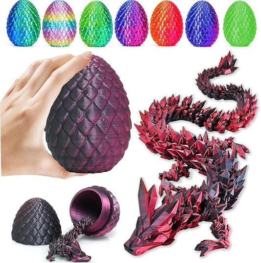 3D Printed Dragon Fidget Toys Dragon Egg 12inch Flexible Dragon Toy 3D Printed Dragon Egg with Articulated Dragon Inside Fidget Toys for Autism/ADHD Easter Toys Gifts (BlackPurple)