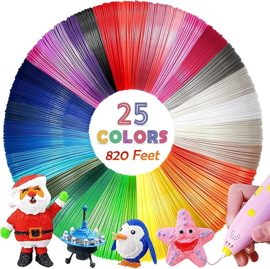 25 Colors 3D Pen PLA Filament Refills, 32.8 ft per Color Total 820 ft - 1.75 mm PLA Filament, Compatible with MYNT3D / SCRIB3D Printing Pen, Not Support for 3Doodler Pen