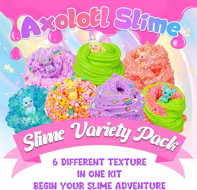 Axolotl Slime Kit 6×100ml (20oz Total) - Slime Variety Pack with Different Textures & Axolotl Charms, Glow in The Dark Slimes, Crunchy Slime, ASMR, Birthday Party Favor, Axolotl Fidget Toys
