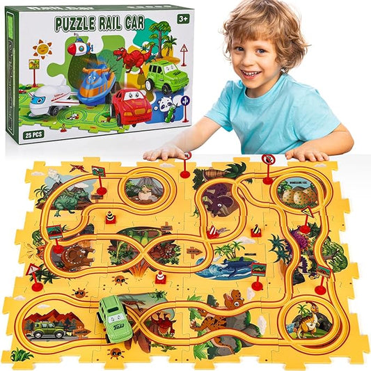25PCS Puzzle Racer Dinosaur Themed Series, Kids Car Track Set, Educational Puzzle Toys Gifts for Boys and Girls