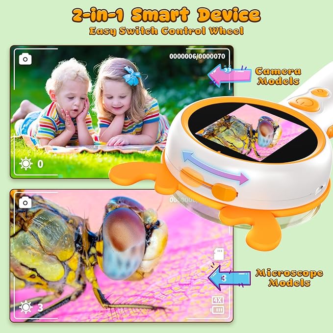 3-in-1 Kids Microscope and Camera - 2" LCD, 600x, Adjustable Focus, Handle Magnifying Glass, Portable Handheld for Outdoor Exploration, STEM Learning, 8GB SD Card Included
