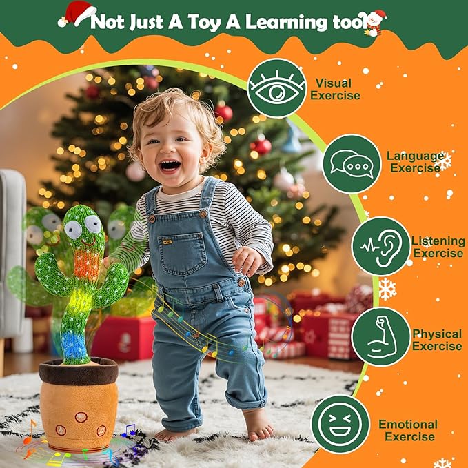 Rechargeable Dancing Talking Cactus Toy for Baby Toddler, Stocking Stuffers for Kids,Singing Mimicking Recording Repeating with 120 Songs, tummy time toys for Girls Boys, Birthday or Chirstmas Gifts
