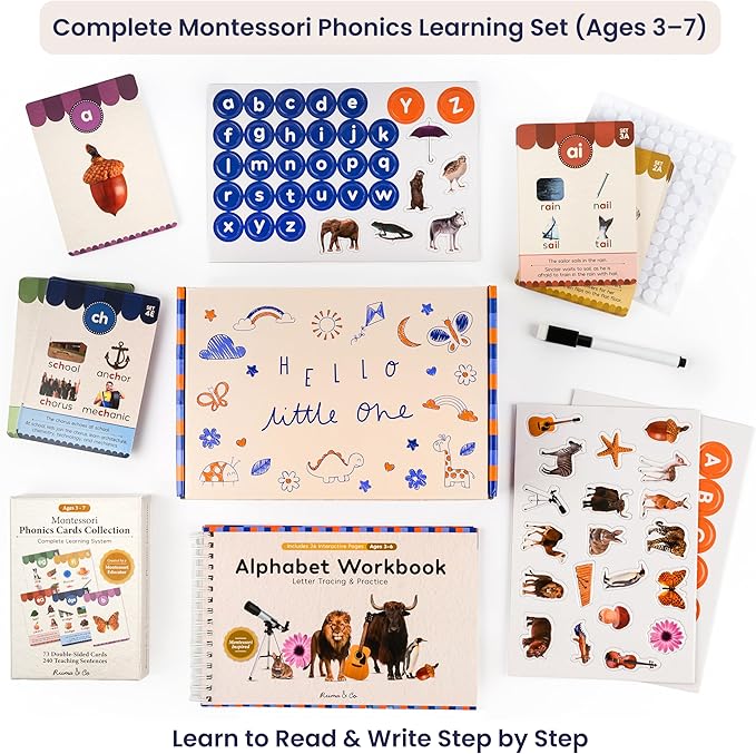 Montessori Phonics Flash Cards and Alphabet Workbook, Hands-On Learn to Read and Write System with Letter Tracing, Preschool Educational Learning Set for Kids Ages 3–7