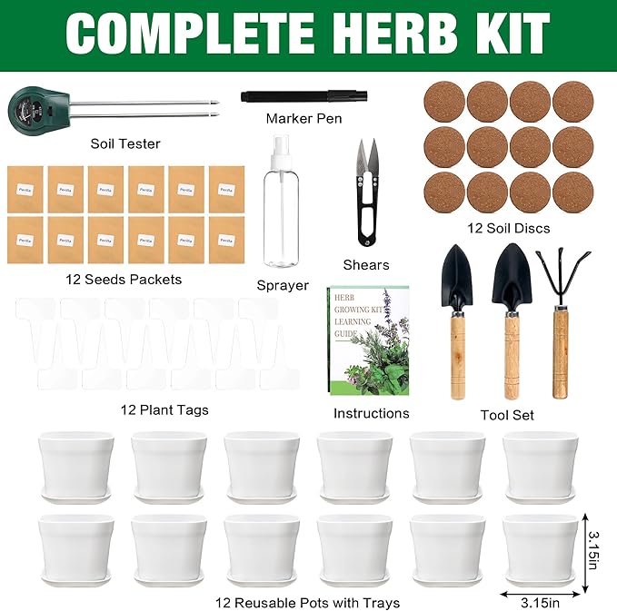 12 Herb Garden Kit Indoor - 42 Pcs Complete Kitchen Window Herbs Seeds Growing Starter Set Kit Gardening Gift Birthday Housewarming Christmas Gift for Women Her Mom Men Home Chefs Gardener Beginner