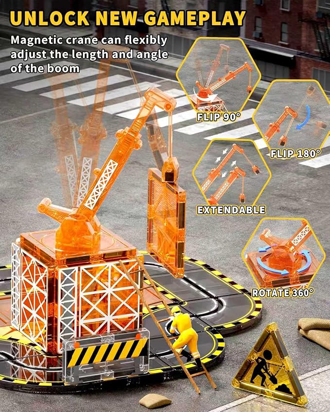 60pcs Double-Sided Magnetic Tiles with Sliding Tracks Construction Toys & Extendable Crane, Toddler Building City Road Set with Car for Kids 3 4 5 6 7 8, STEM Educational for Boys Girls