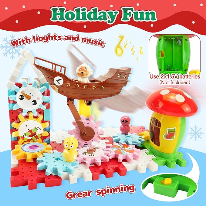 CORPER TOYS Christmas Gear Building Set for Kids，57PCS DIY Electric Gears Toy with Lights & Music & Pull Back Santa STEM Building Toy for Boys and Girls Ages 3+
