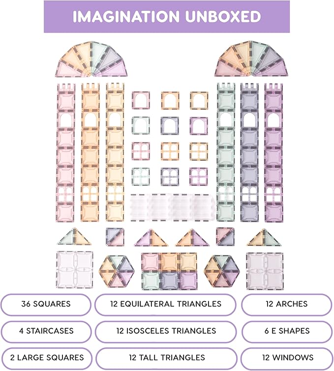 Magnetic Building Tiles; 108 Piece Palatial Set for Boys, Girls and Kids; Pastel Magnetic Building Tiles; Activity; Building Blocks; Toddler Toys; STEM; Children Ages 3 Years +