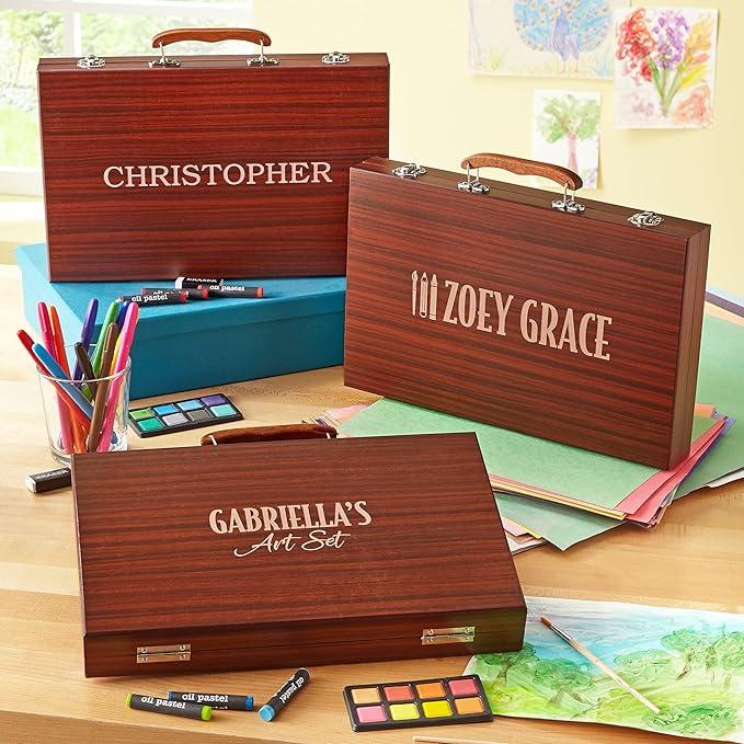 Let's Make Memories Personalized 80-Piece Deluxe Art Set - for Kids - Wood Carrying Case - Oil Crayons, Colored Pencils, Watercolors - Arts & Crafts - Add a Name - 2 Line Message