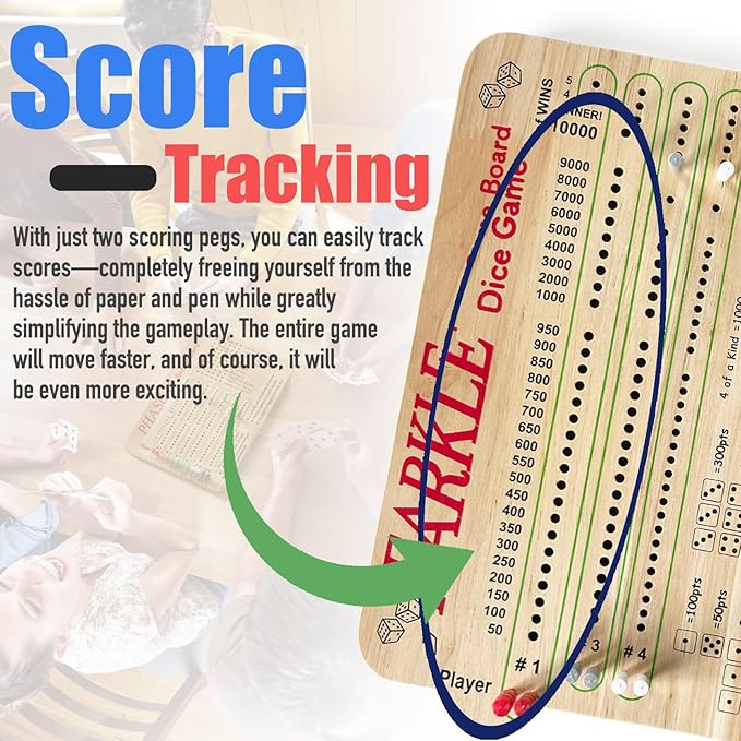 Tuiiopoli Farkle Dice Scoreboard Set, Paper& Pens- Free Design 4 Sets of Colored Player Pegs 6 Wooden Dice for Game Night Party Travel (Original Oak)