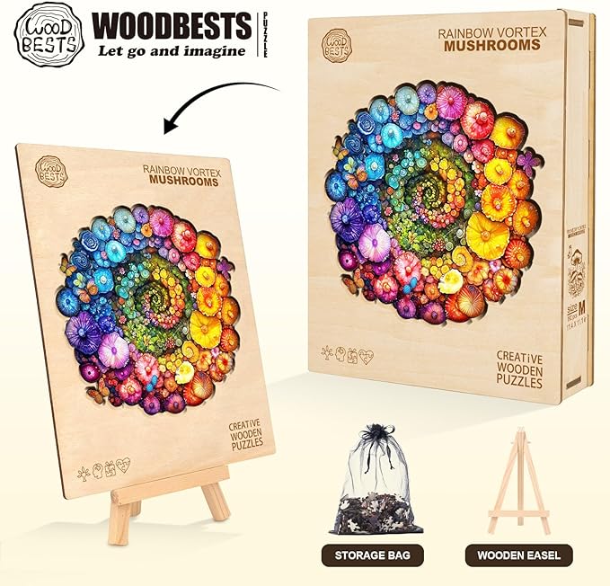 Wooden Puzzle for Adults-Wooden Puzzle Unique Shape Advanced Rainbow Vortex Mushrooms Wooden Jigsaw Puzzle for Adult, Wood Puzzles,Challenge Wooden Jigsaw Puzzle(M-11.4 * 11.1in 190pcs)