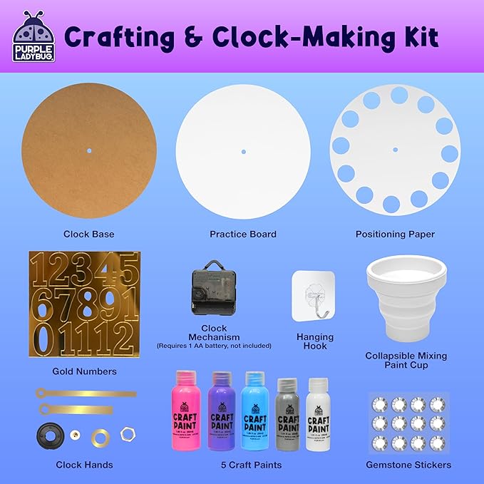 PURPLE LADYBUG Paint Pouring DIY Clock Kit - Arts and Crafts for Kids Ages 8-12, Painting Kit for Kids 6-8 - Gifts for 6-12 Years Old Girls & Boys Birthday & Christmas - Tween & Teen Girl Gifts Ideas