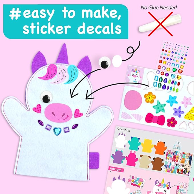 Unicorn Hand Puppet Making Kit for Kids Age 5-8 - DIY Puppet Making Craft Kit - Creative Arts & Crafts Set, Educational Gift - Pretend Play Toys - 8 Projects, Extra Stickers for Decoration