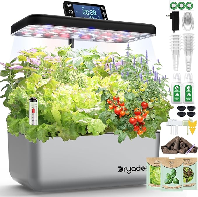 Hydroponic Growing System Kit with Operation Screen + 3 Free Seeds (Lettuce, Salad Mixed, Basil), 12 Pods Indoor Smart Gardening Herb Planter, 24W Full Spectrum LED Grow Light Growing System (Silver)