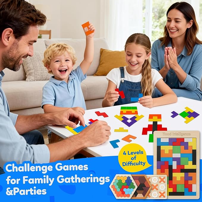 Skrtuan Wooden Hexagon Puzzle for Kid Adults Pattern Blocks Brain Teasers Tangram Puzzles Toy Jigsaw Board Geometry Logic IQ Travel Game STEM Montessori Educational Toys Gift, Puzzle Set, 4 Pack