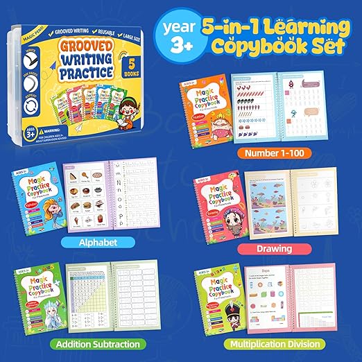 Magic Grooved Writing Practice Books for Kids Age 3-5 6-8, Reusable Large Size Grooved Writing Practice Copybooks, Handwriting Practice, Kids Writing Helper