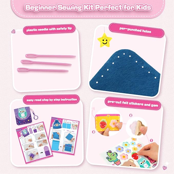 Sewing Kit for Kids Beginner, 10 Easy DIY Projects of Stuffed Animal Dolls & Purse Handbags, Learn to Sew with Felt Embroidery Craft, Arts & Crafts Gift for Girls & Boys Ages 6-12