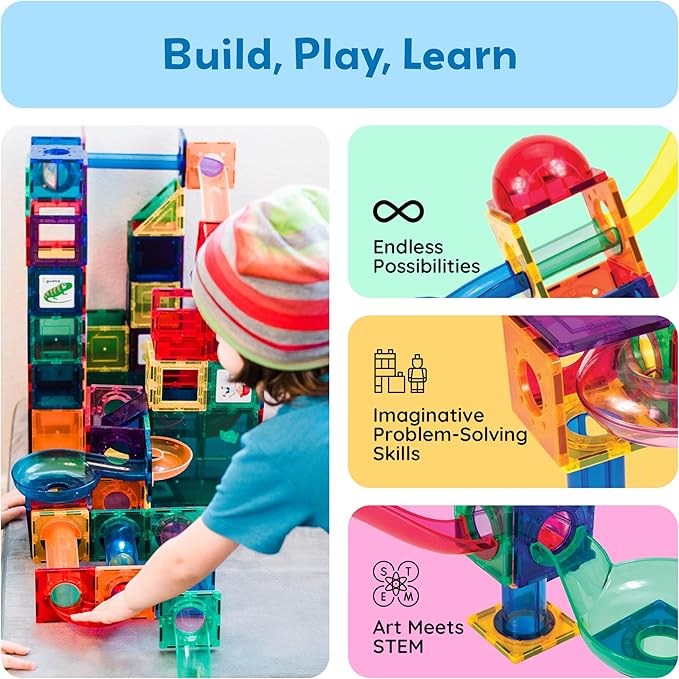 PicassoTiles 70pc Marble Run Magnetic Tiles STEM Set for Kids Ages 3 and Older Magnet Tile Marbles Maze Building Blocks Brain Development Toy Preschool Educational Learning Construction Playset PTG70
