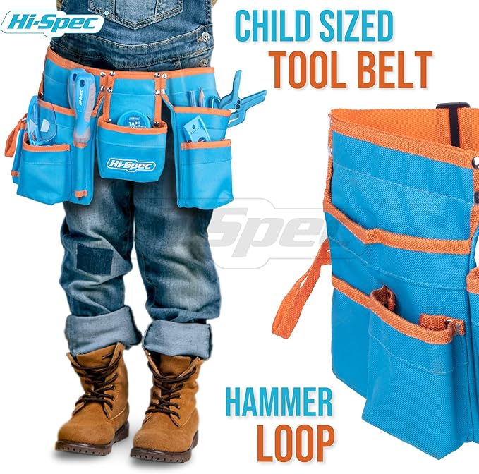 Hi-Spec 16pc Kids Tool Set with Tool Belt – Real Child-Sized Tool Kit for Boys & Girls, DIY Building, Hand Tools, Woodworking, Carpentry, STEM Learning, Construction Play Set – Blue