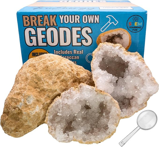 TRUENERGY Break Your Own Geodes Kit for Kids – 2 Jumbo Natural Crystal Geodes 5X Easier to Open, Magnifying Glass & Learning Guide – STEM Science Rock Kit – Gift-Ready