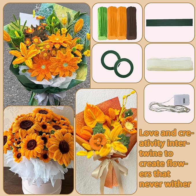 LOLEDE Pipe Cleaners Craft Flowers Kit 400 Pcs, 400 Pcs 3 Colors 11.8inch Fuzzy Pipe Cleaners Bulk, Chenille Stems for DIY Flower Making Kit Crafts, Floral Stems & Tape & Ribbon (Yellow)