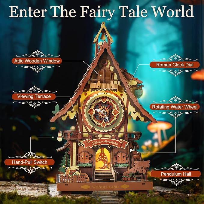 ROBOTIME 3D Wooden Puzzles for Adults-Cuckoo Clock Wooden Models for Adults to Build-435 Piece Model Kit with 2 Lights-Gift for Craft Enthusiast Model Building Set (Colourful)