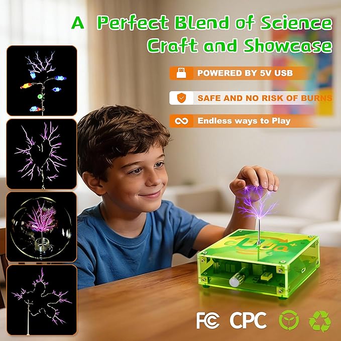 eUda+ STEM Tesla Lightning Kit – Easy DIY Electronic Science Kit – Perfect Christmas STEM Gift for Kids – Fun Hands-On Learning & Building Toy(Assembly Version) (Rectangular-Fluorescent Green Pro)