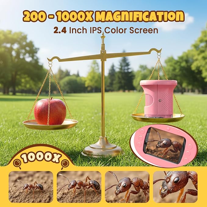 Handheld Digital Mini Microscope for Kids: 1000X 4K Portable Pocket 2.4" Screen Microscopes Toys STEM Electronic Learning Educational Science Kit 8-12 Birthday Gift 4 5 6 7 Year Old Boy Girl (Pink)
