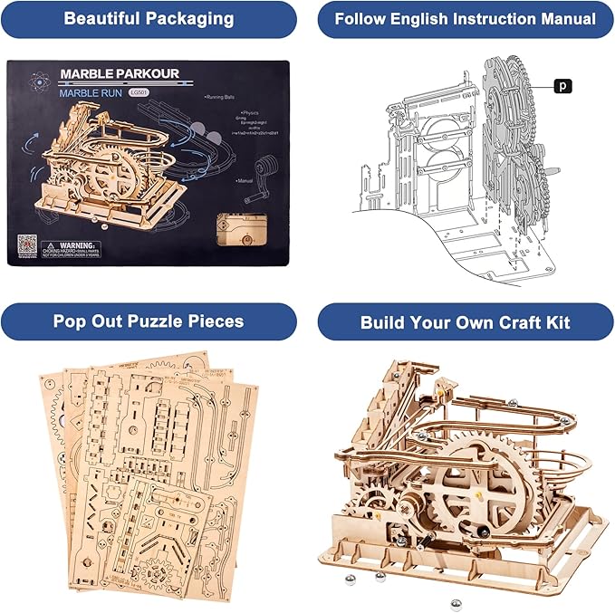 Rowood 3D Puzzles for Adults, Wooden Marblr Run Model Kit, DIY Building Kits for Adults to Build, Craft Gift for Age 14+, Waterwheel Coaster