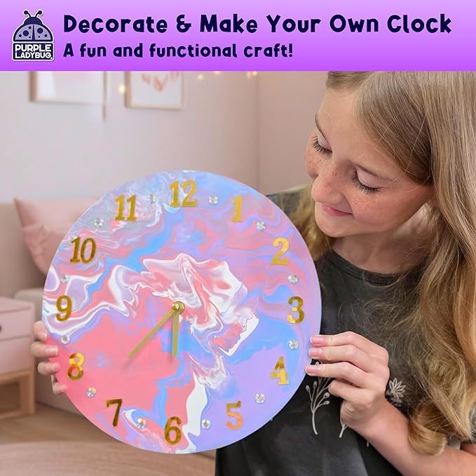 PURPLE LADYBUG Paint Pouring DIY Clock Kit - Arts and Crafts for Kids Ages 8-12, Painting Kit for Kids 6-8 - Gifts for 6-12 Years Old Girls & Boys Birthday & Christmas - Tween & Teen Girl Gifts Ideas