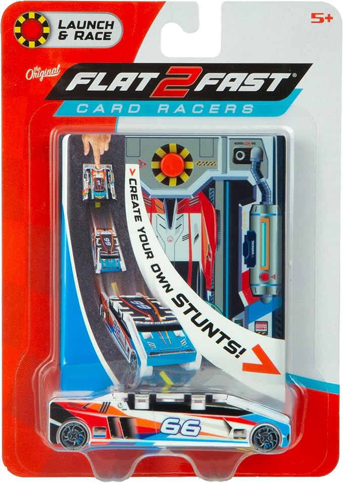FLAT 2 FAST Original Stunt Card Racer – Flat Car Racer and Pocket Size Racecar Launcher with Built-in Button for Stunt Launching and Racing – Compact – Sky Blue