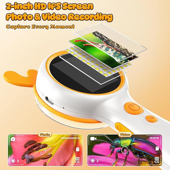 3-in-1 Kids Microscope and Camera - 2" LCD, 600x, Adjustable Focus, Handle Magnifying Glass, Portable Handheld for Outdoor Exploration, STEM Learning, 8GB SD Card Included