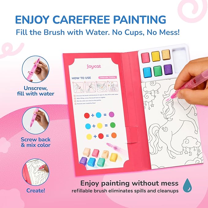 JoyCat 2 Pack Pocket Paint with Water Coloring Books for Kids, Art & Craft Activity Toy Set, Creative Travel & Home Painting Kit, Gifts for Girls & Boys Ages 3-8 (Magical Pony & Animals)