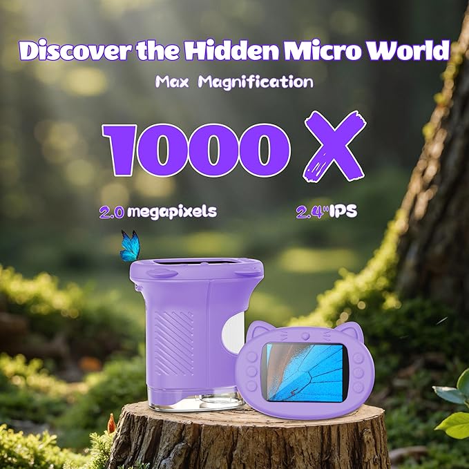 Kids Microscope, 1000X Portable Mini Pocket Microscope with 2.4″ IPS Screen & 8 LEDs, Rechargeable, STEM Educational Science Kit Toys, Best Christmas Birthday Gifts for 4-12 Year Old, Grape