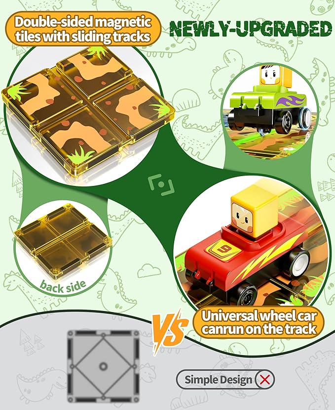 Double-Sided Magnetic Tiles with Sliding Tracks Dinosaur Toys, 50Pcs with Cars for Kids 3 4 5 6 7 8 Magnetic Building Toddler Toys, STEM Preschool Educational Magnet for Boys Girls