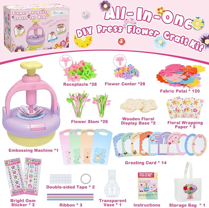 DIY Flowers Craft Kit for Girls, Flower Bouquet Maker Machine with 120 Fabric Petals, 14 Greeting Cards, Gift Wrap, Vase & Storage Bag, Creative Floral Arts and Crafts Toy for Kids Ages 3-12